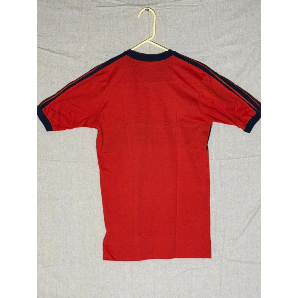 Vintage 70s Adidas Trefoil 3 Stripe V-Neck Shirt Medium 38-40 Red Navy Blue USA